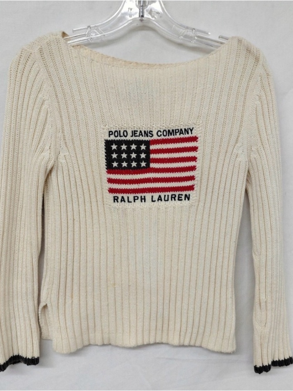 Vintage Ralph Lauren Cream Ribbed Crewneck Sweater with Flag Motif